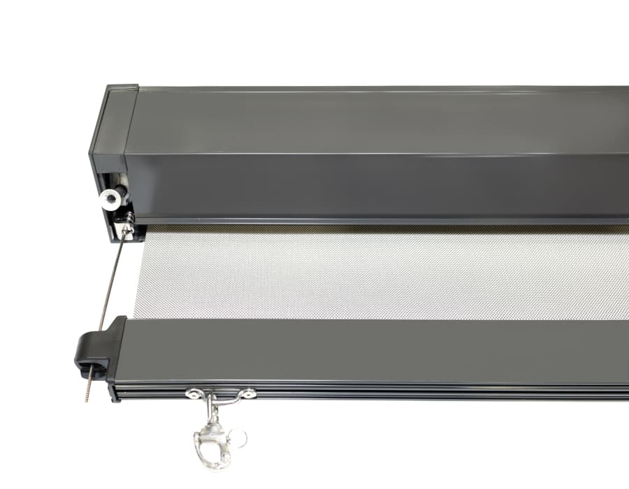 wire guide awnings close up of cassette and bottom rail