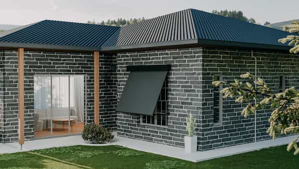 drop arm awning on modern home