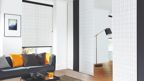 geometric panel glide blinds in modern home