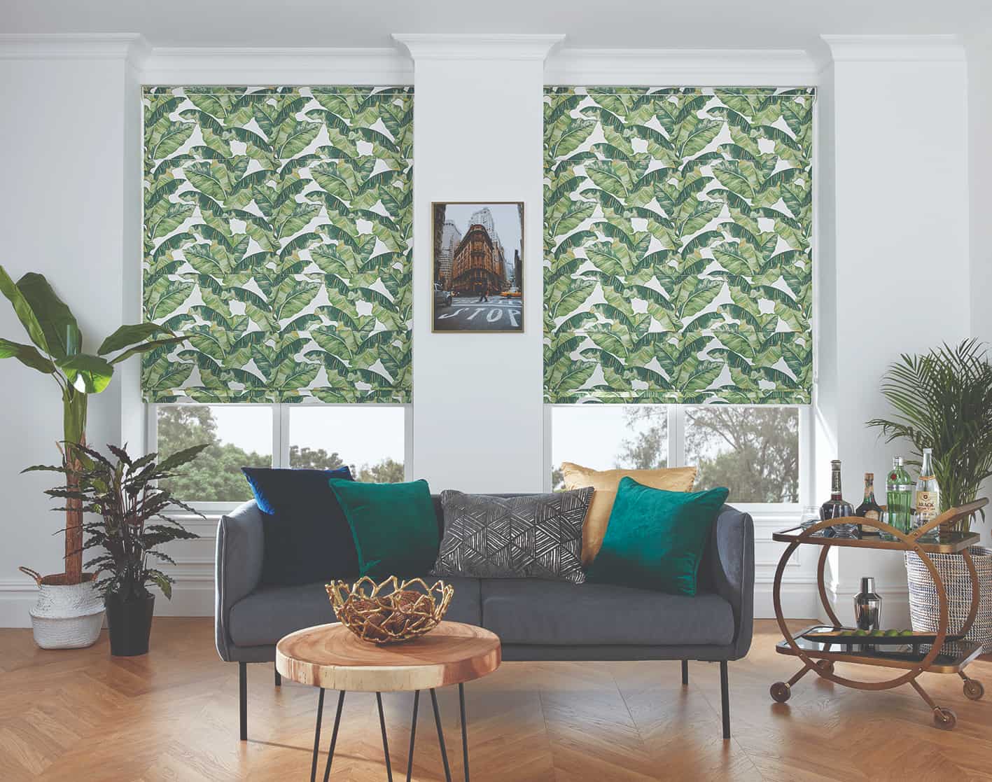 green leaf roman blind in living room
